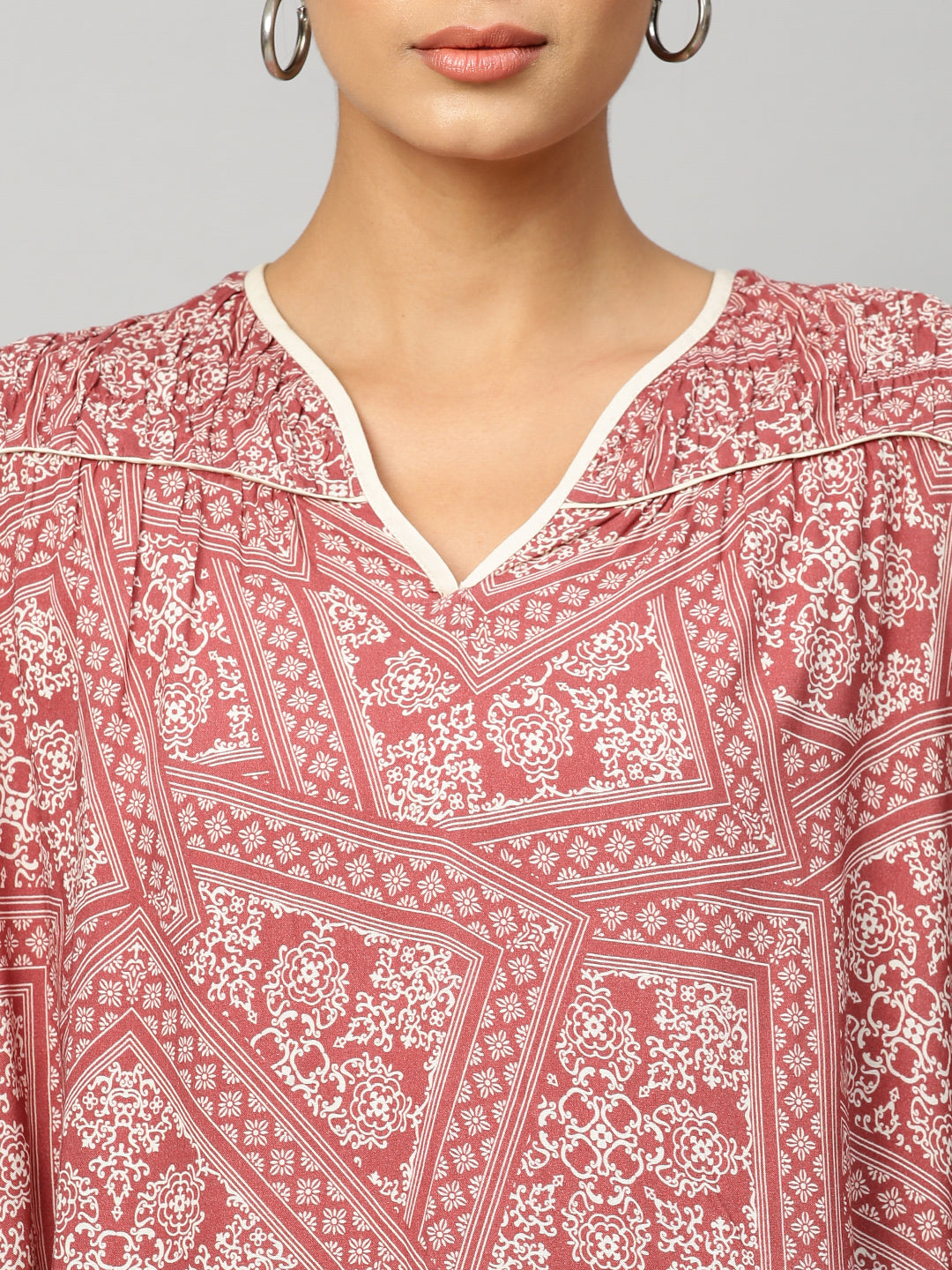 Printed Rayon Ruched Yoke Tunic Top