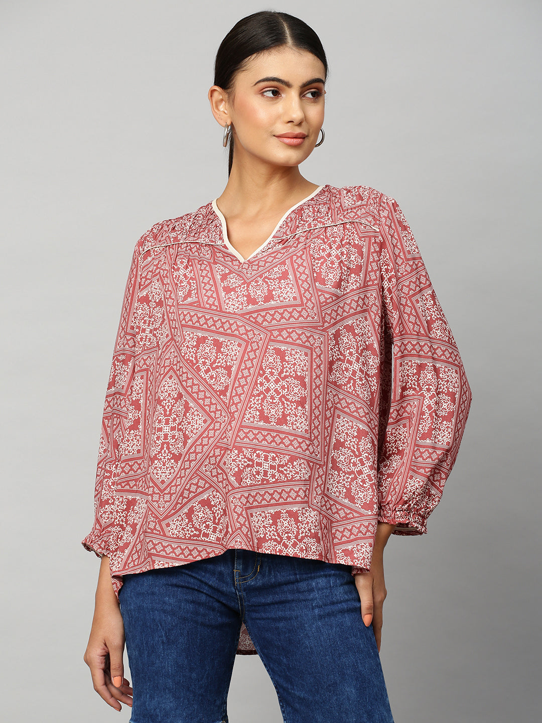 Printed Rayon Ruched Yoke Tunic Top