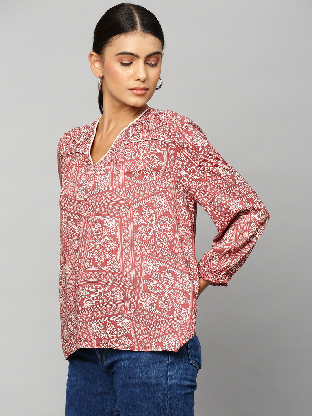 Printed Rayon Ruched Yoke Tunic Top