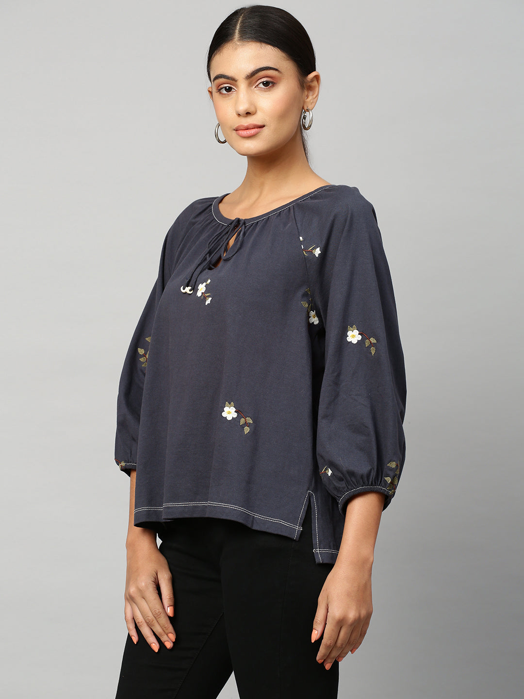 Embroidered Cotton Jersey Raglan Sleeve Top