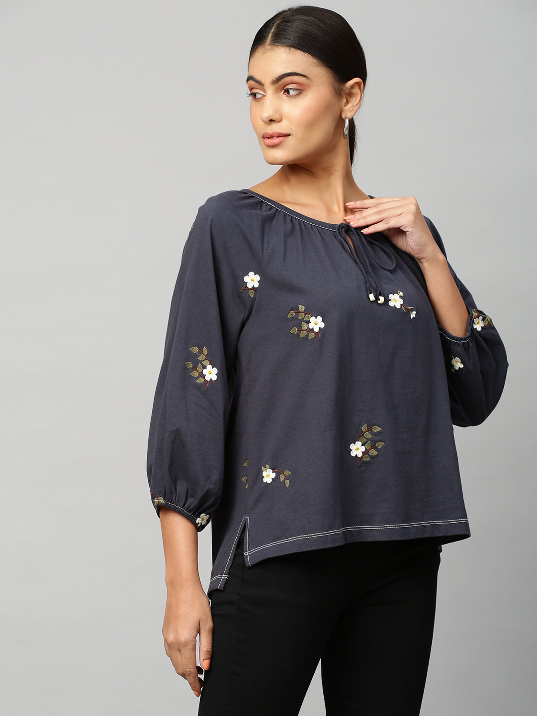Embroidered Cotton Jersey Raglan Sleeve Top