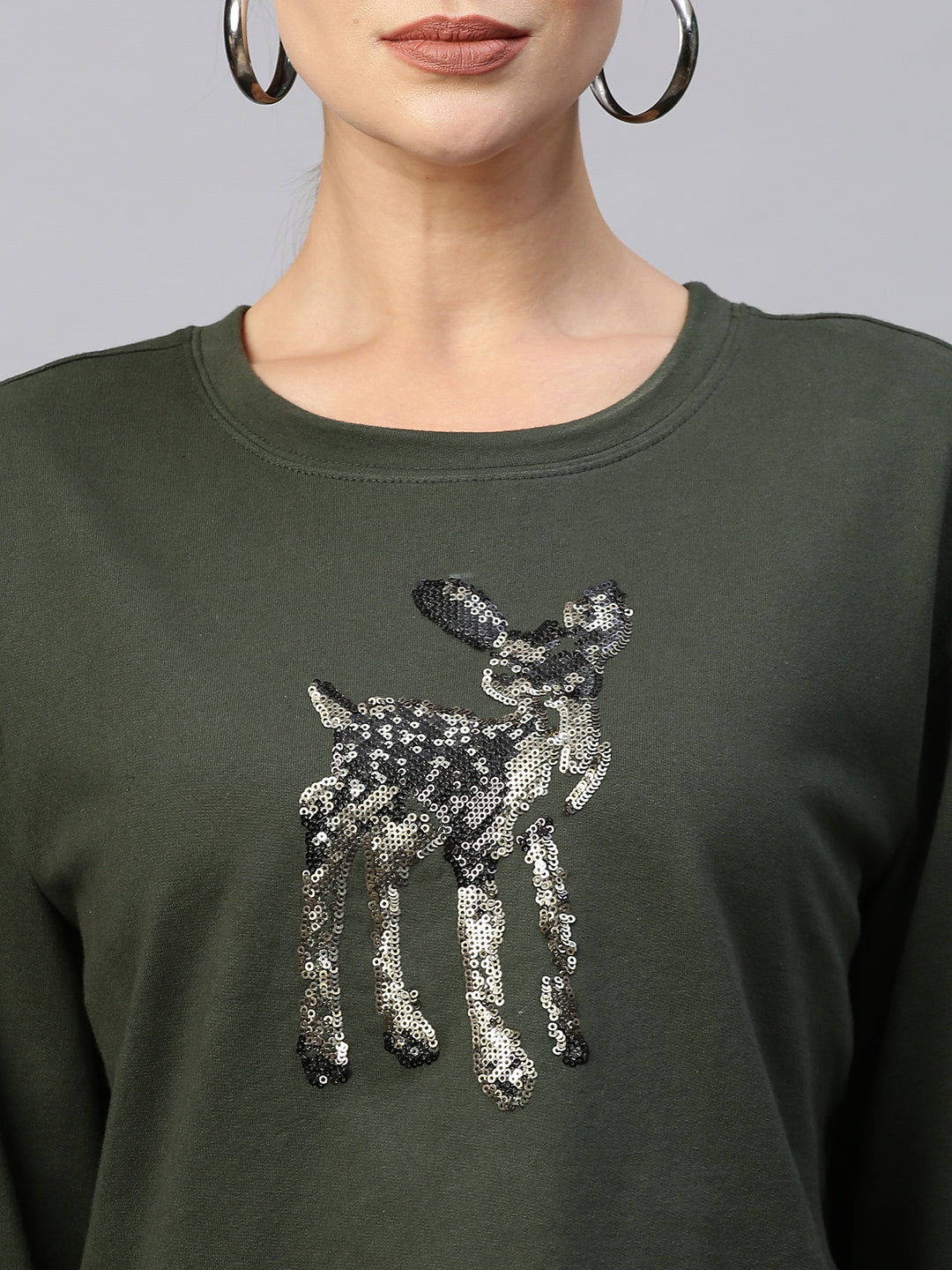 French Terry Deer Sequinned Embroidery Sweatshirt