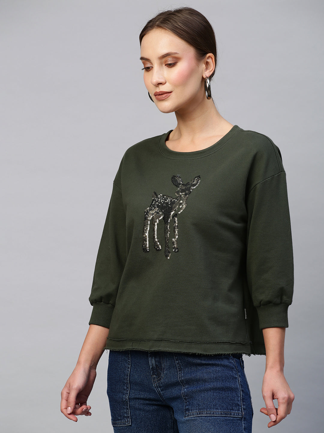 French Terry Deer Sequinned Embroidery Sweatshirt