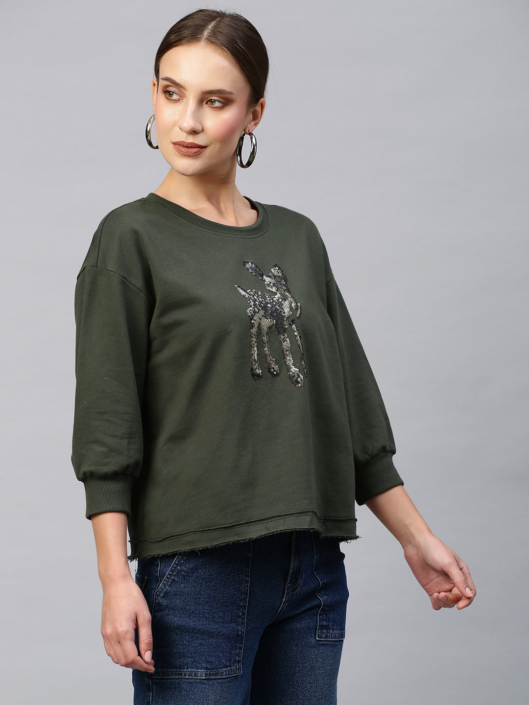 French Terry Deer Sequinned Embroidery Sweatshirt
