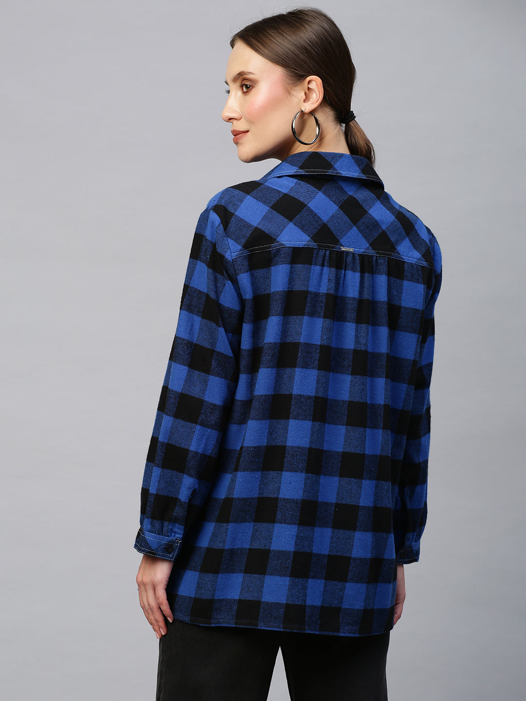 Embroidered Yoke Brushed Flannel Gingham Plaid Shirt