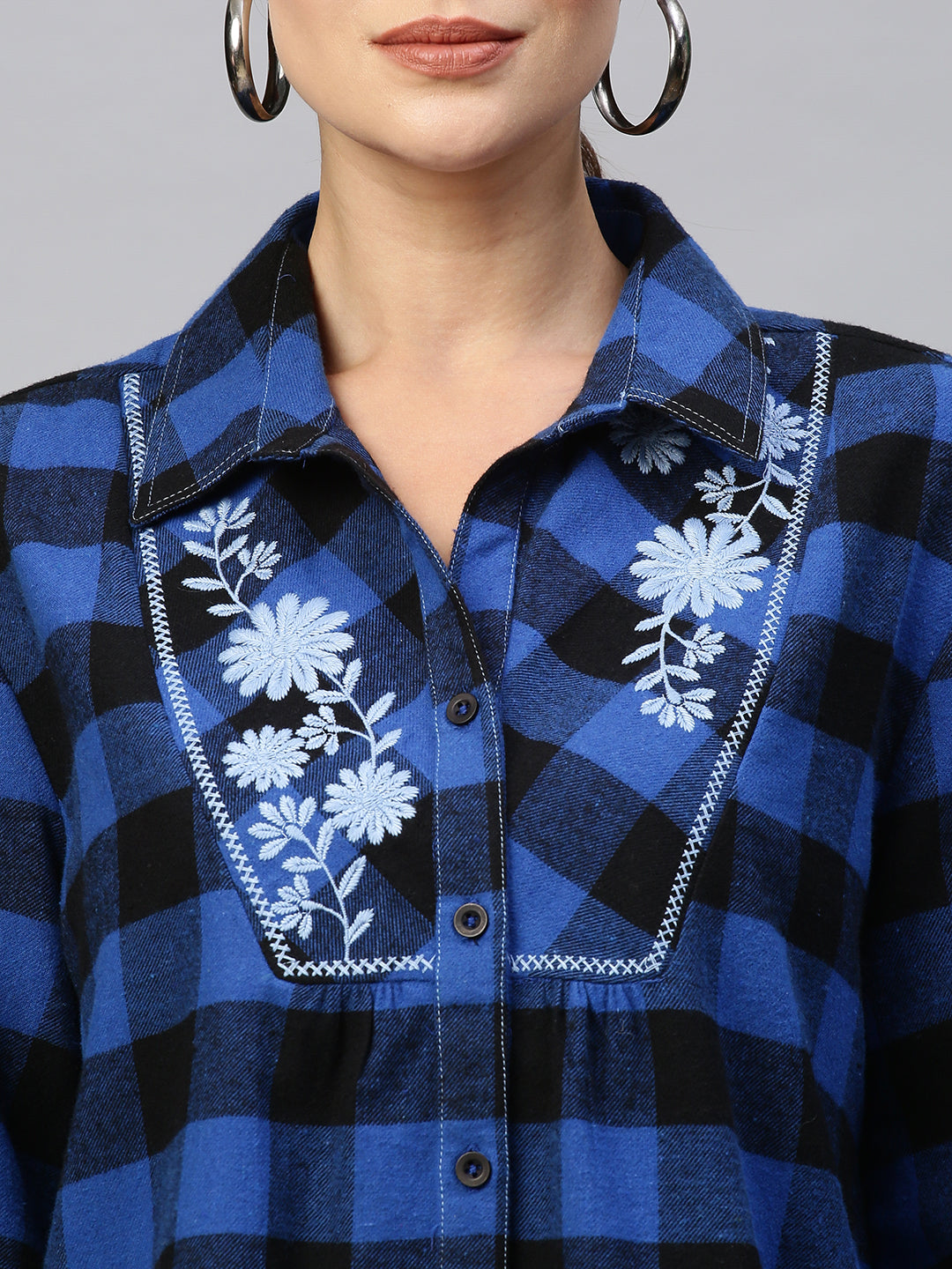 Embroidered Yoke Brushed Flannel Gingham Plaid Shirt