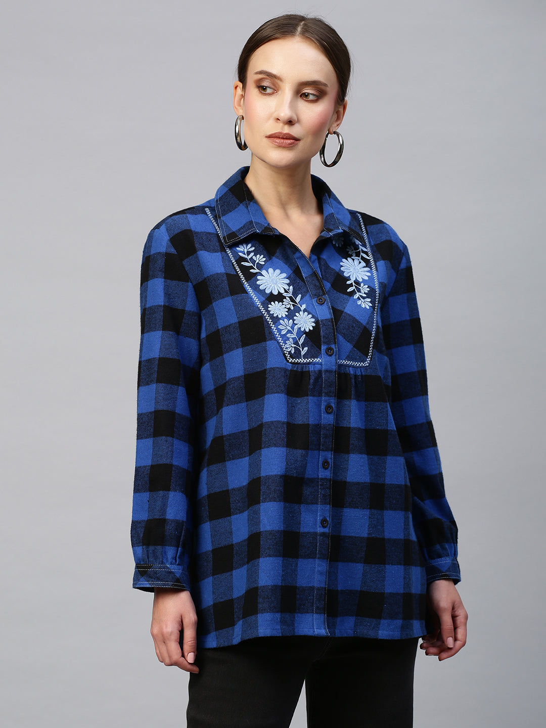 Embroidered Yoke Brushed Flannel Gingham Plaid Shirt