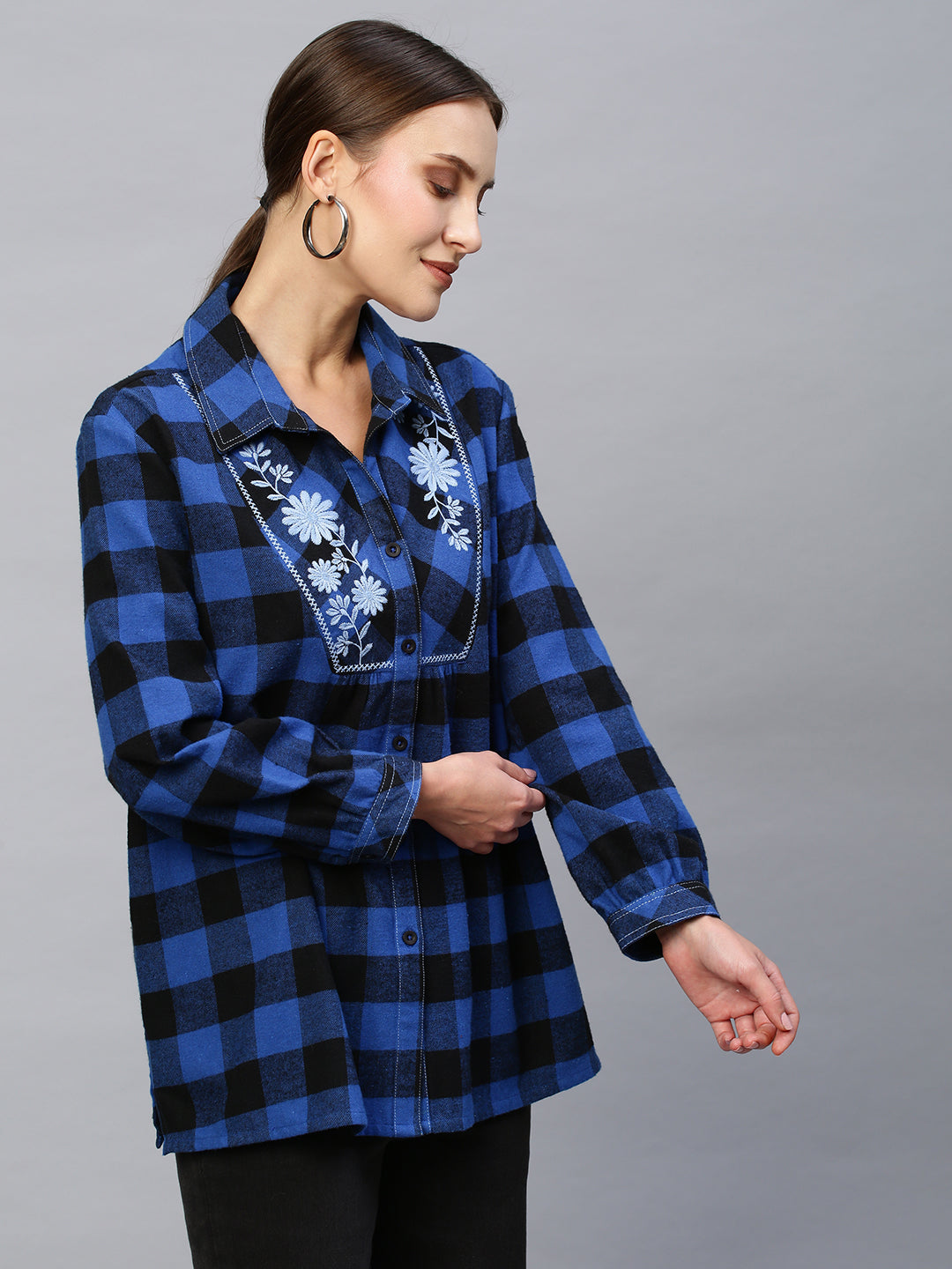 Embroidered Yoke Brushed Flannel Gingham Plaid Shirt
