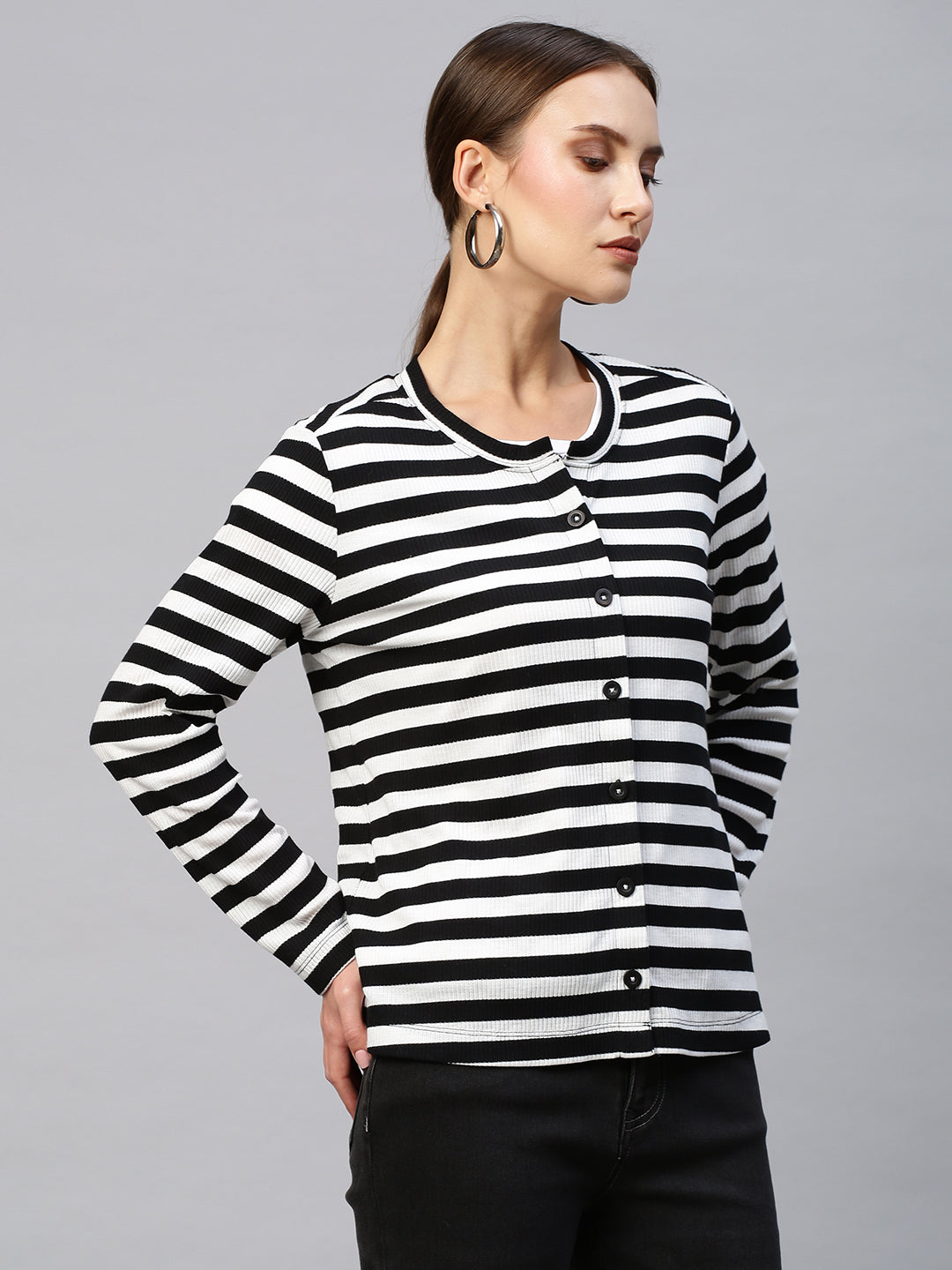 Ribbed Striped Button Down Cardigan