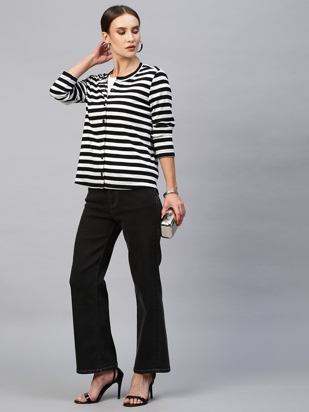 Ribbed Striped Button Down Cardigan