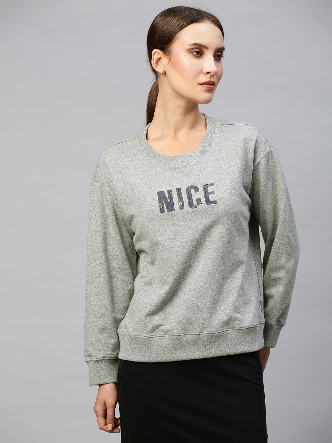 French Terry Sweatshirt With "Nice" Thread & Buggle Bead Embroidery