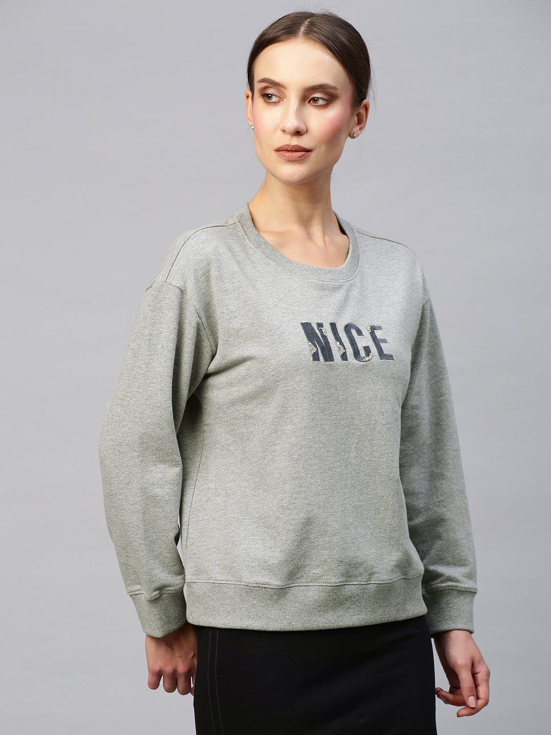 French Terry Sweatshirt With "Nice" Thread & Buggle Bead Embroidery