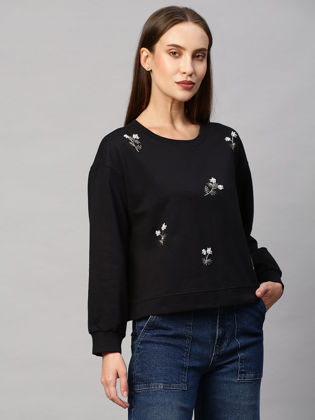 French Terry Sweatshirt With All Over Floral Embroidery