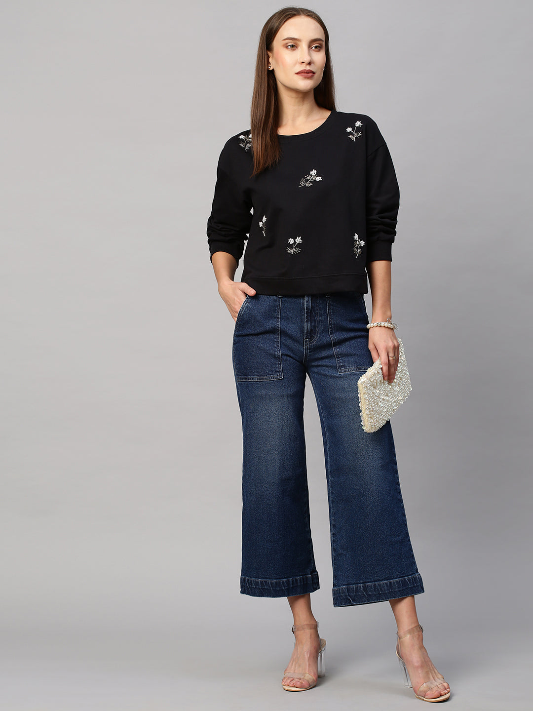 French Terry Sweatshirt With All Over Floral Embroidery
