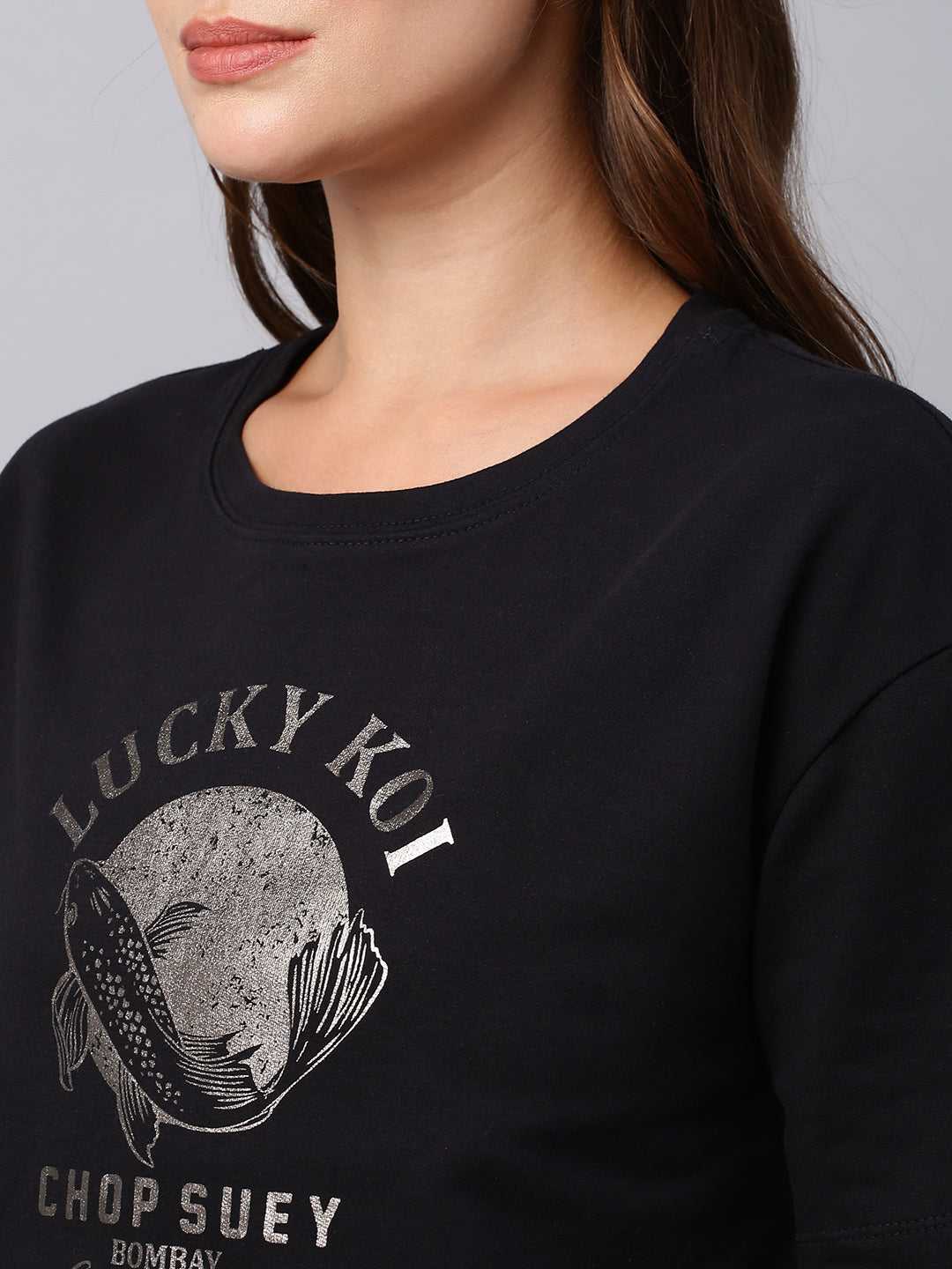 Foil Printed Cotton Terry Drop Shoulder Cropped Box Tee