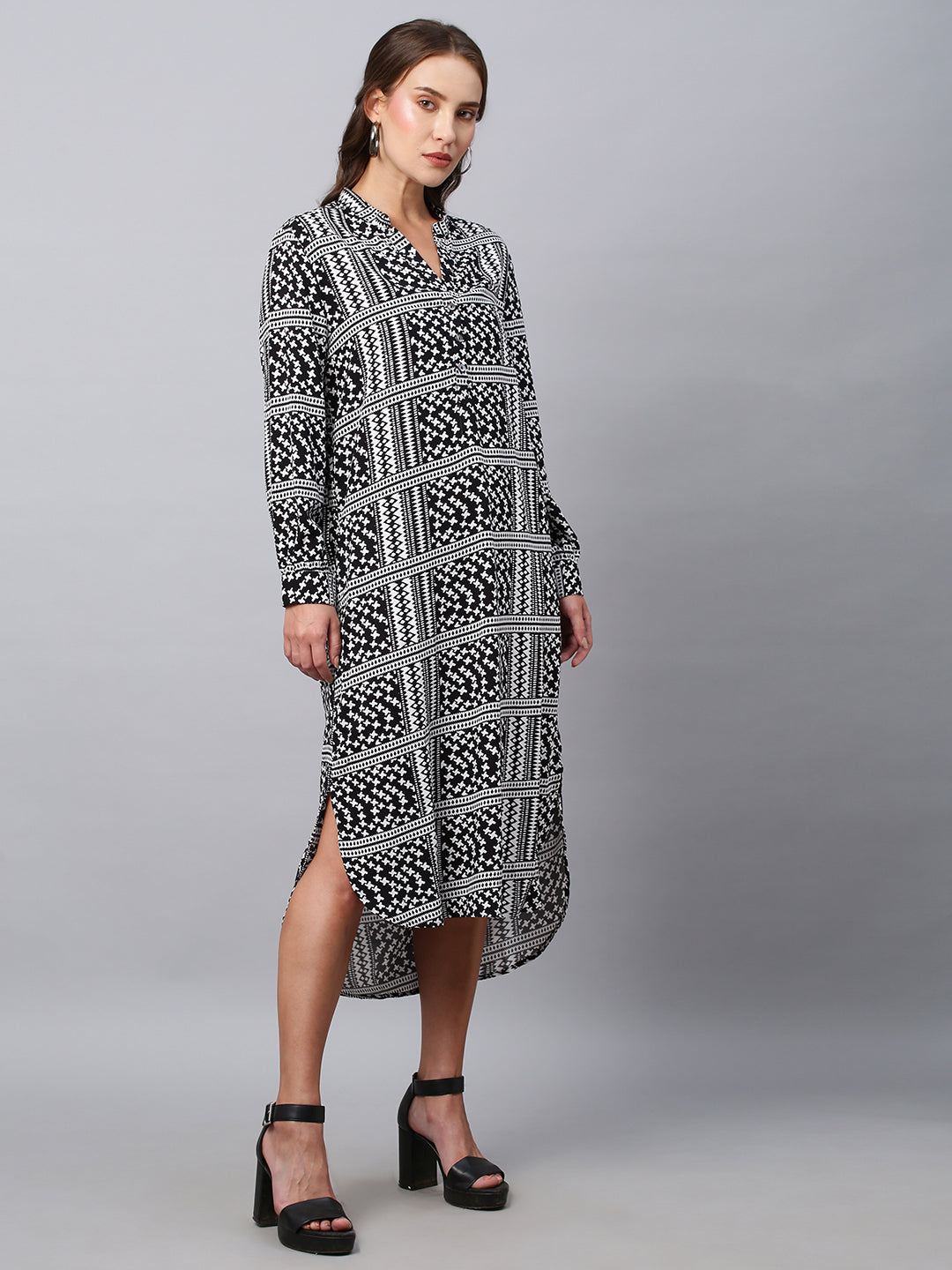 Printed Viscose Pop Over Shirt Dress W/ A High -Low Hemline