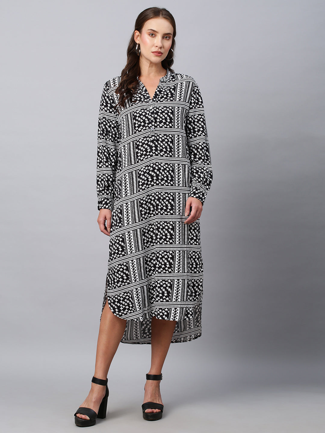 Printed Viscose Pop Over Shirt Dress W/ A High -Low Hemline