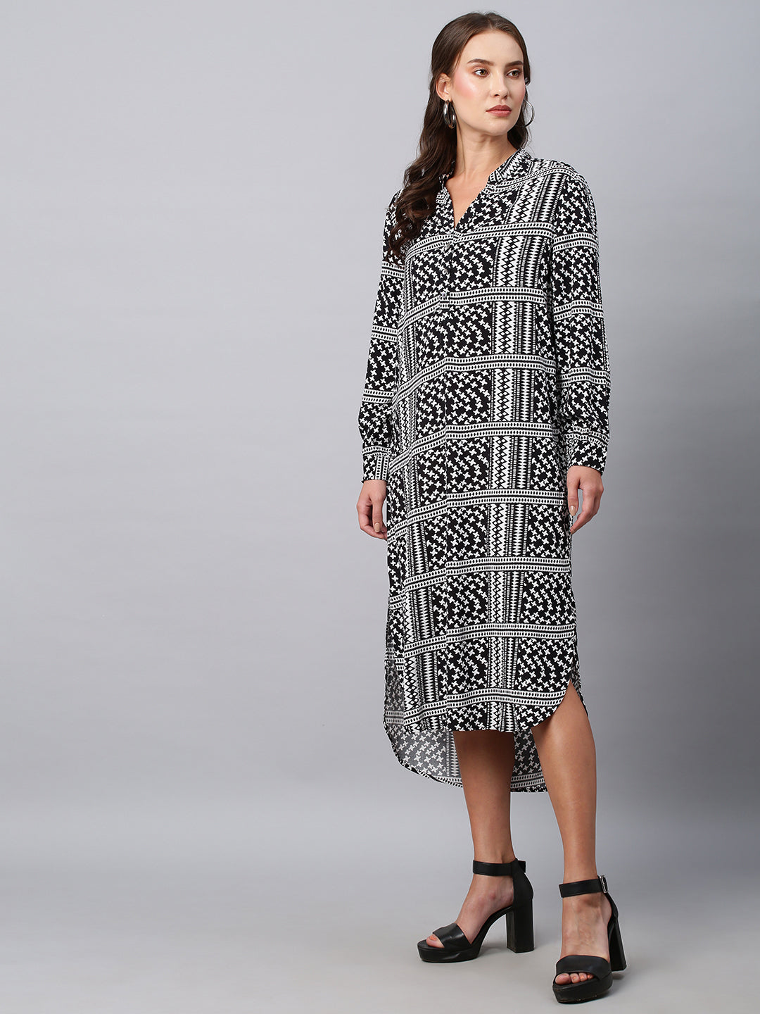 Printed Viscose Pop Over Shirt Dress W/ A High -Low Hemline