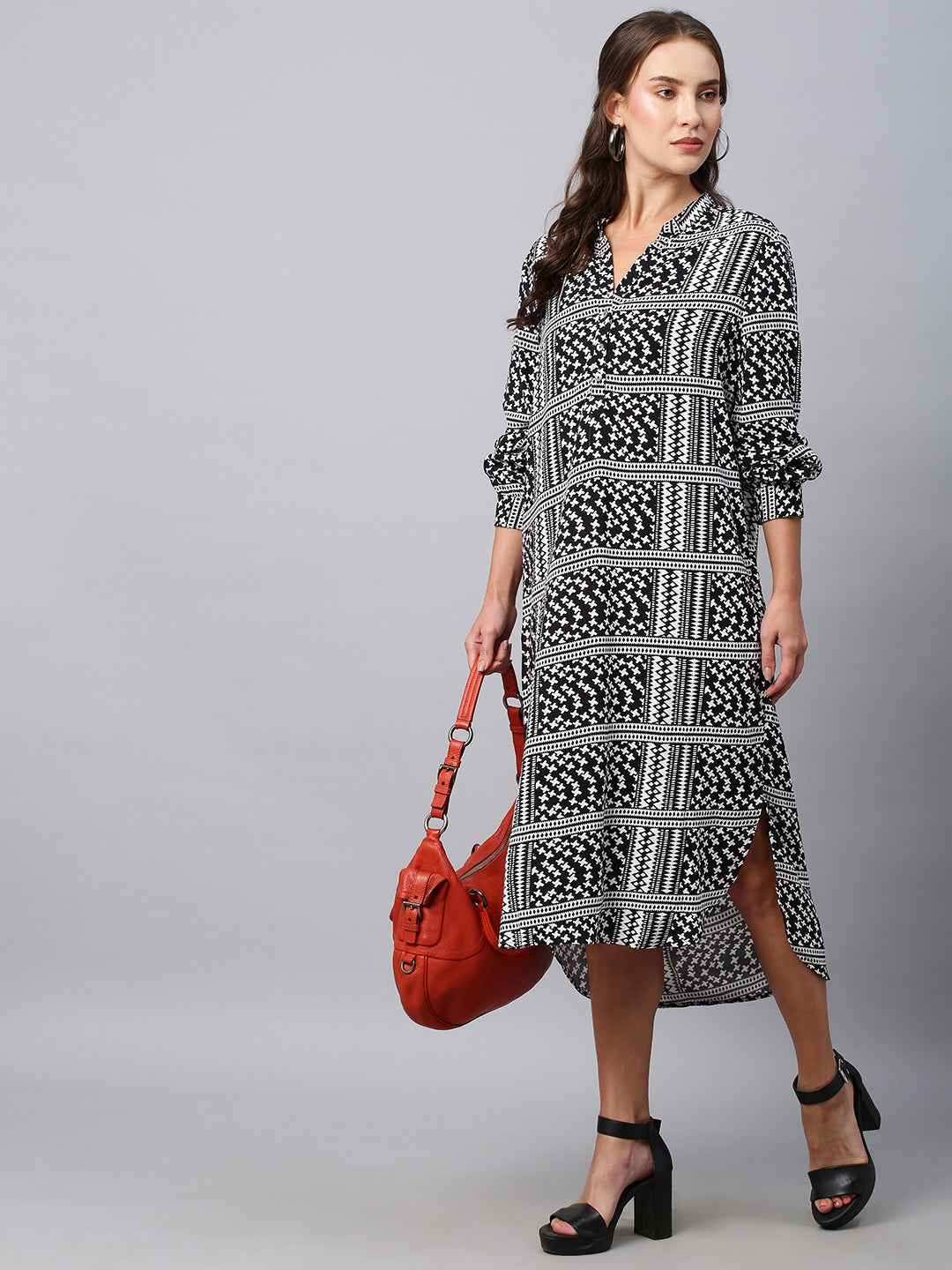 Printed Viscose Pop Over Shirt Dress W/ A High -Low Hemline