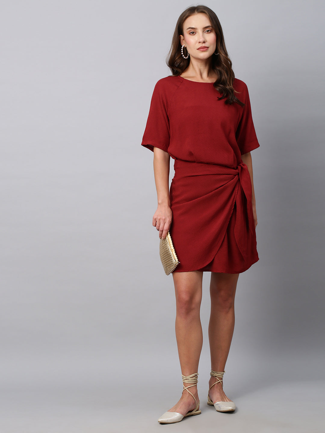 Rayon Dot Dobby Faux Wrap Side Tie Dress