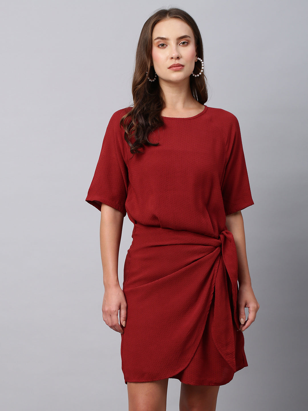 Rayon Dot Dobby Faux Wrap Side Tie Dress