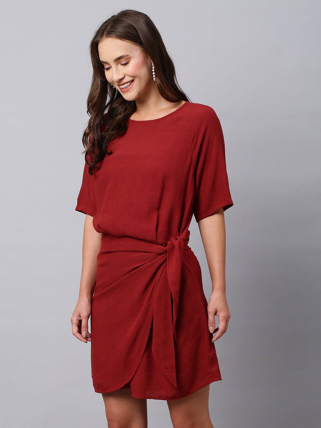 Rayon Dot Dobby Faux Wrap Side Tie Dress