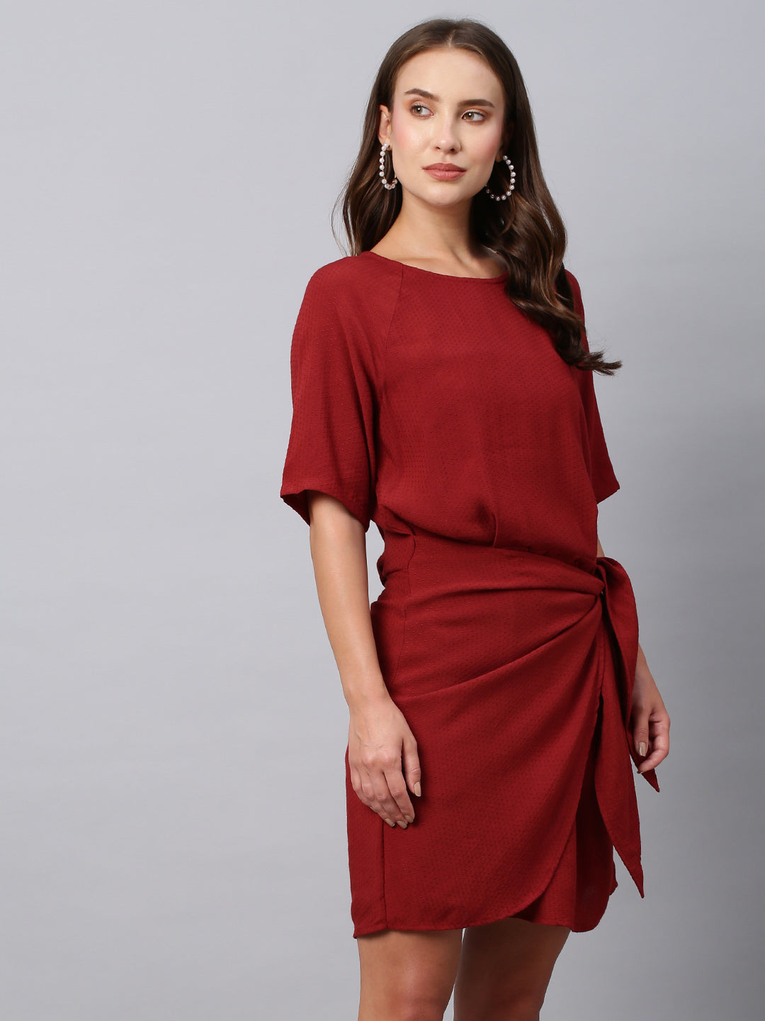 Rayon Dot Dobby Faux Wrap Side Tie Dress