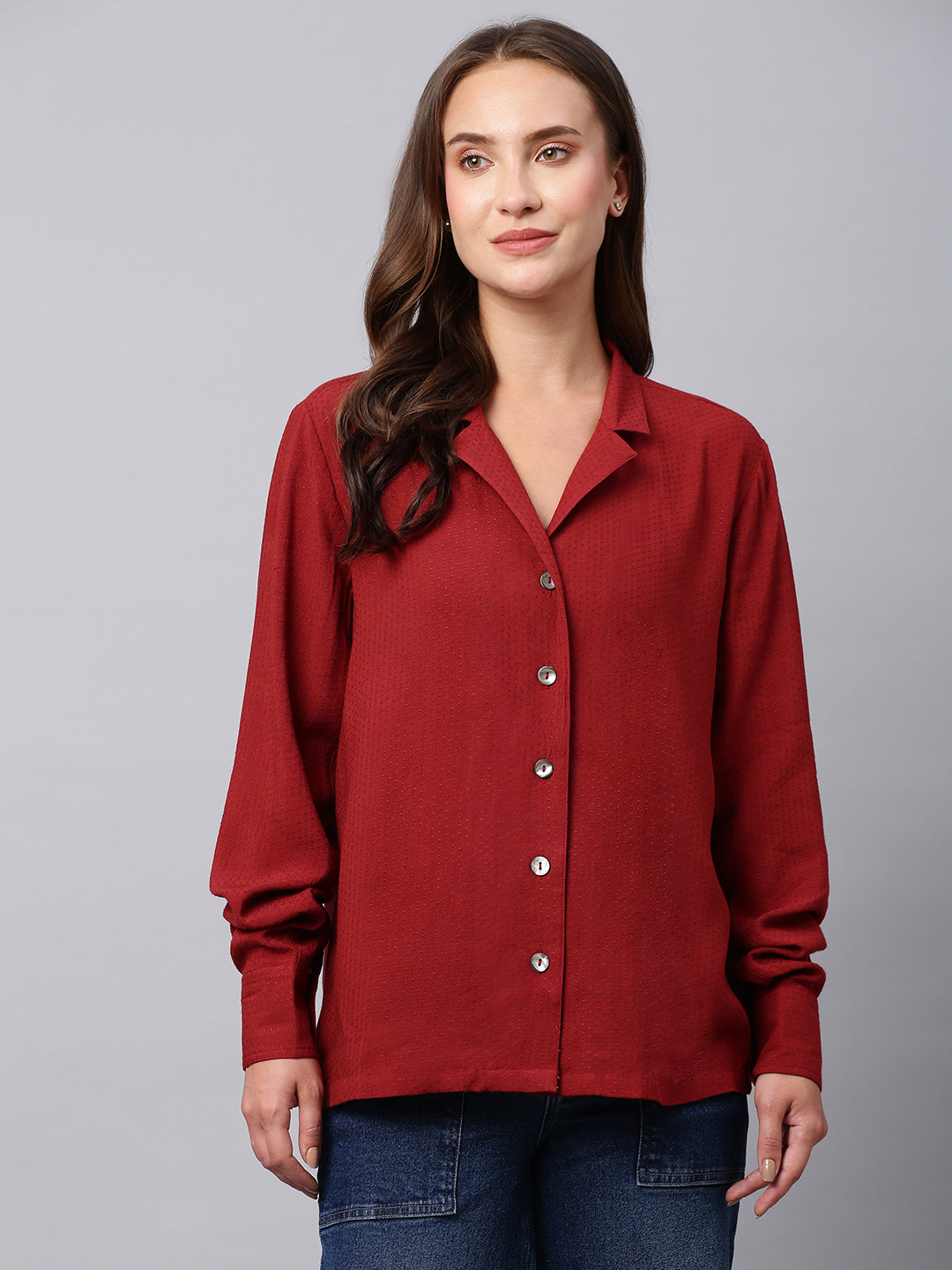 Rayon Dot Dobby Lapel Collar Straight Fit Shirt