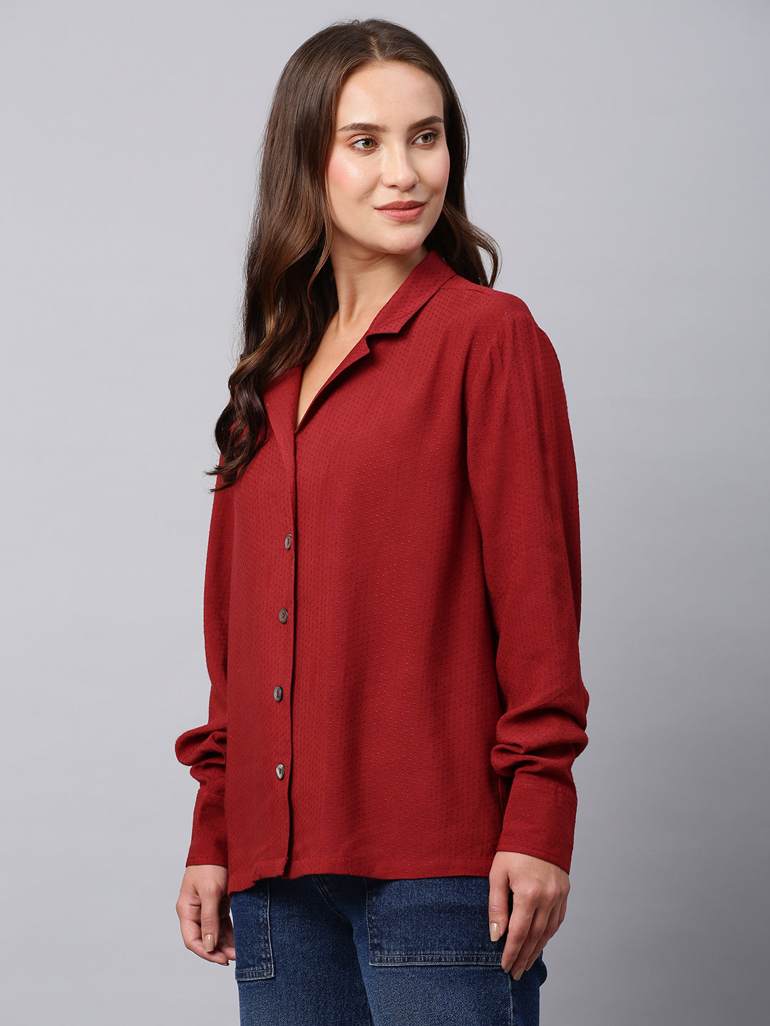 Rayon Dot Dobby Lapel Collar Straight Fit Shirt