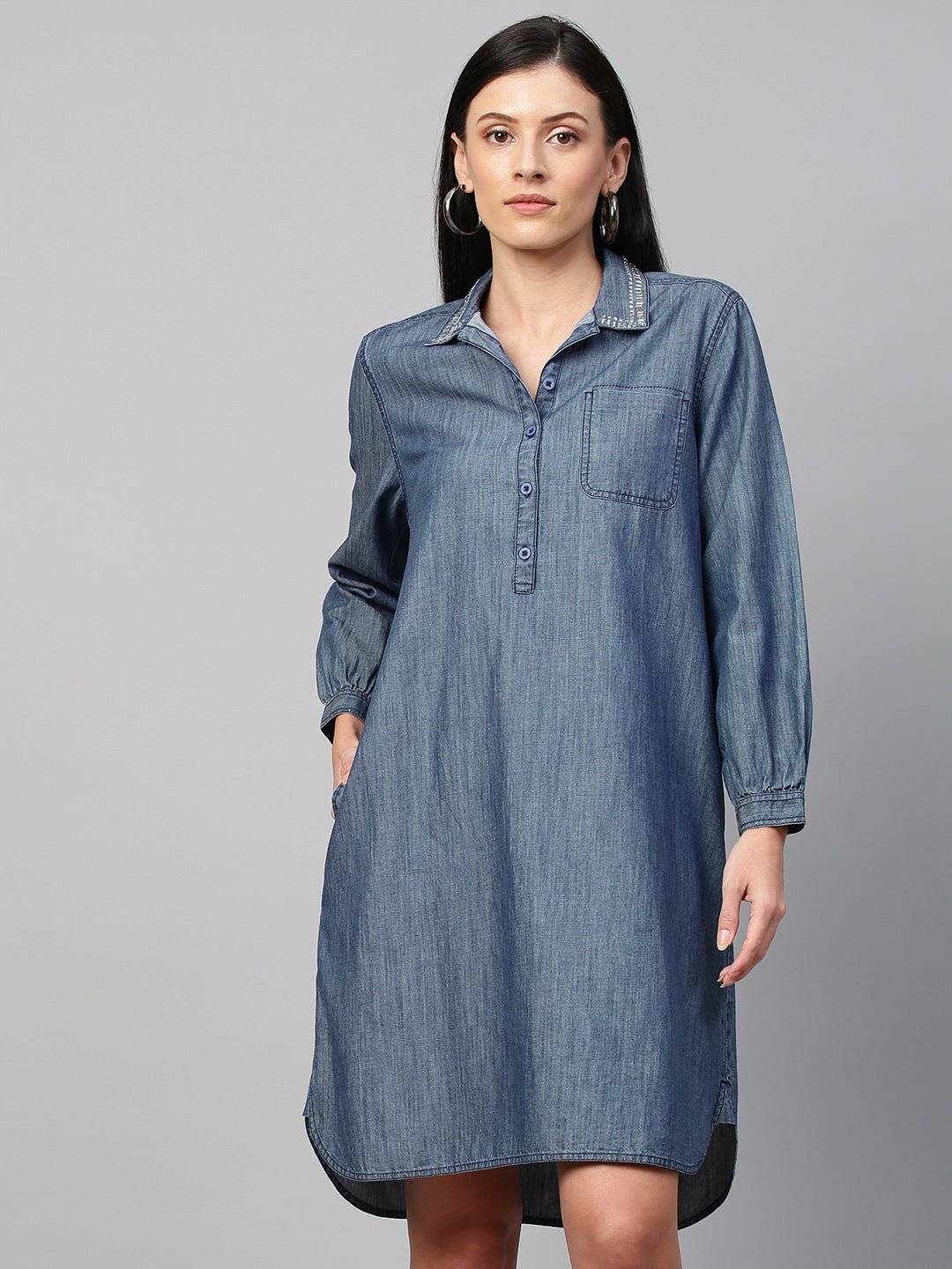 Denim Embellished Collar Tunic Dress