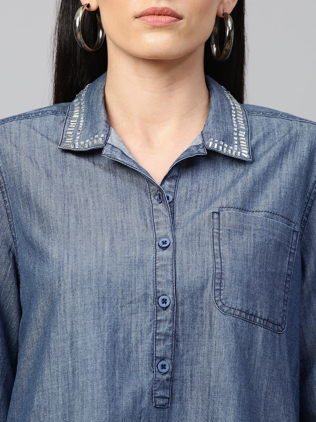 Denim Embellished Collar Tunic Dress