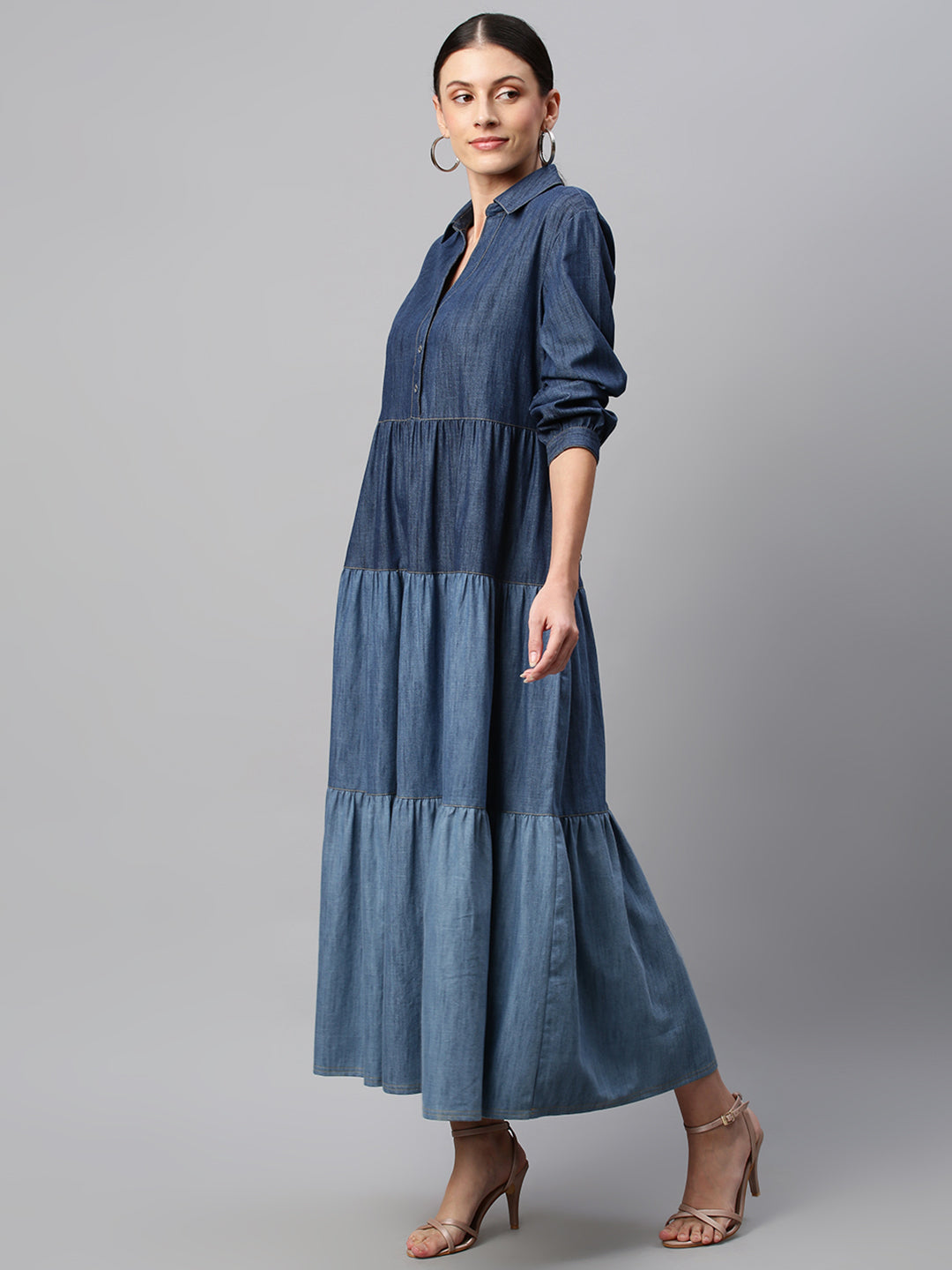 Graded Wash Denim Tiered Shirt Dress