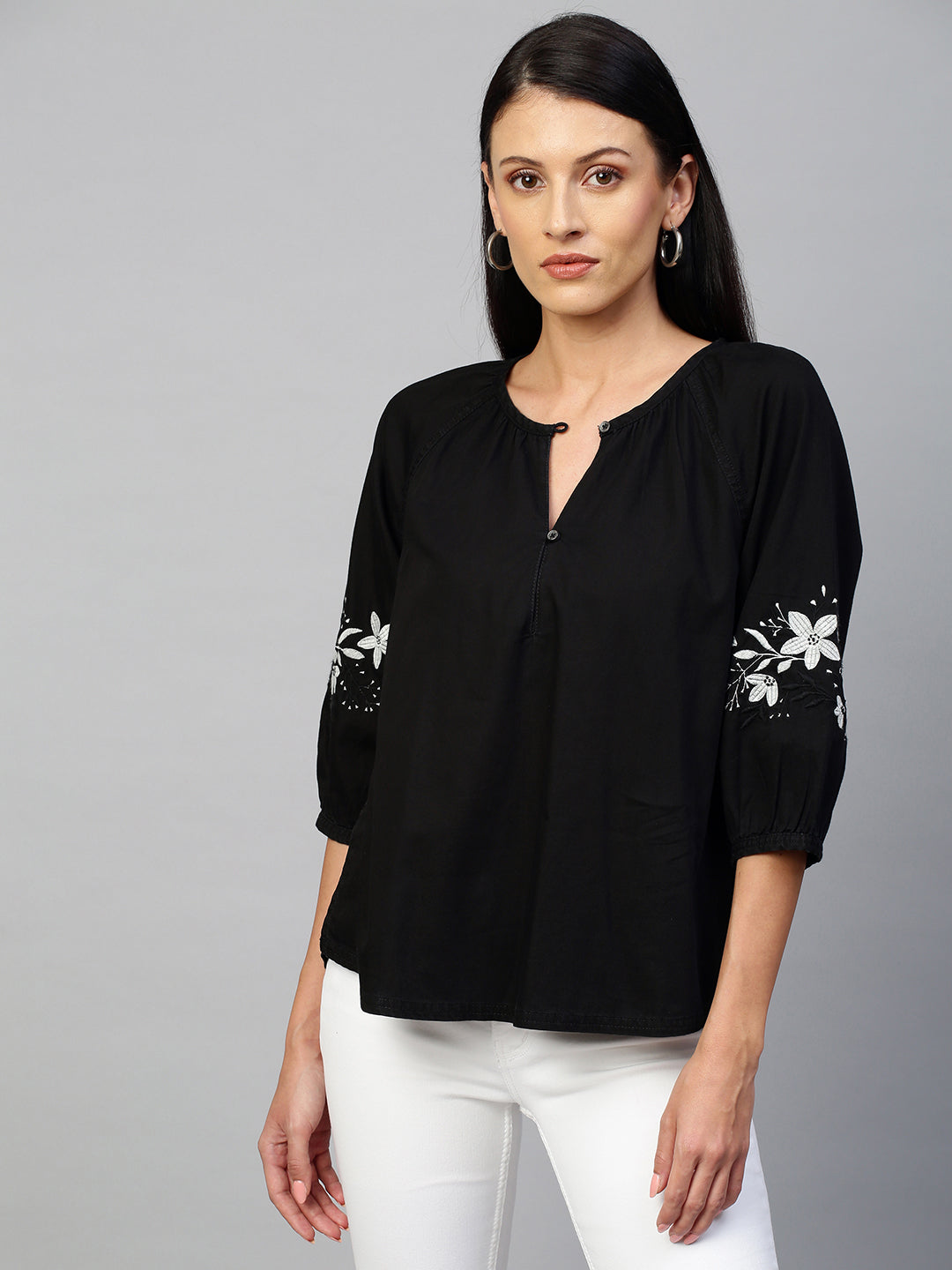 Black Light Weight Denim Raglan Top With Contrast Embriodered Sleeves