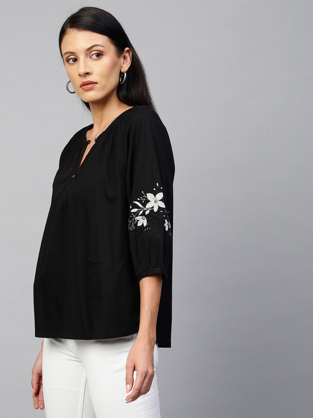 Black Light Weight Denim Raglan Top With Contrast Embriodered Sleeves