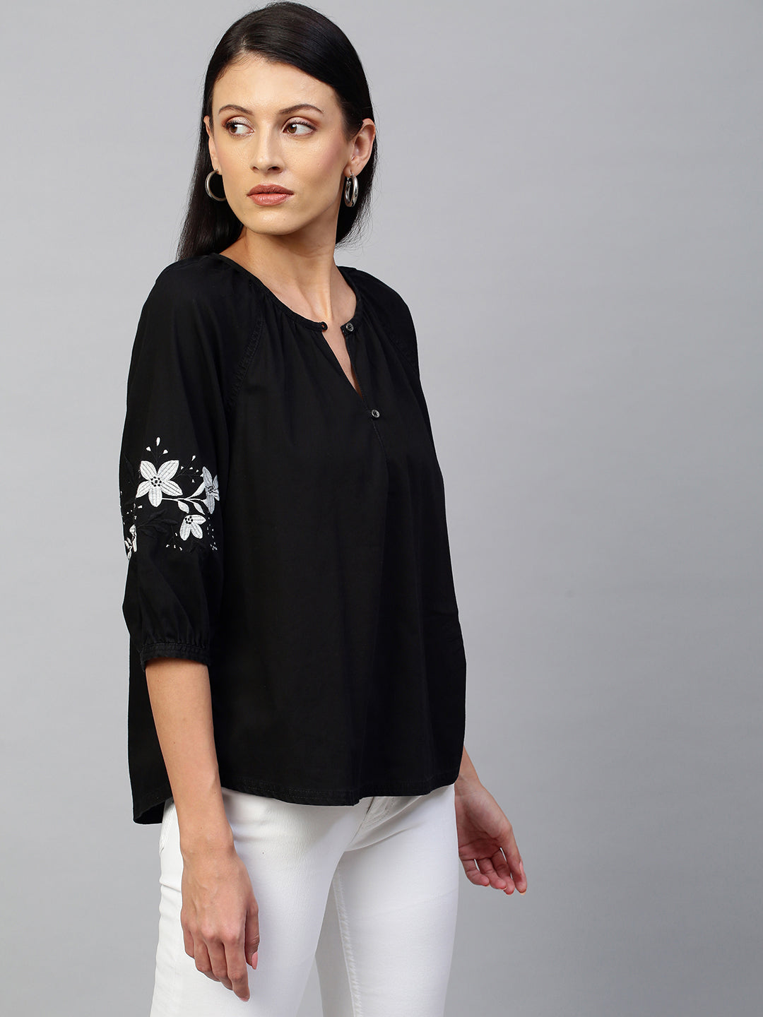 Black Light Weight Denim Raglan Top With Contrast Embriodered Sleeves