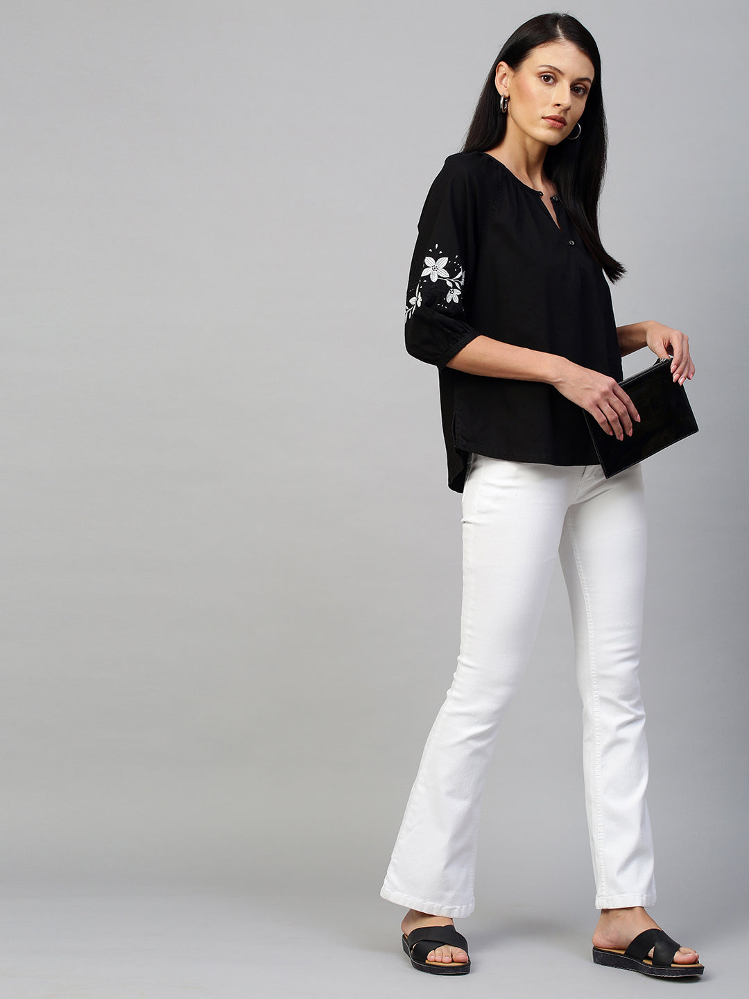 Black Light Weight Denim Raglan Top With Contrast Embriodered Sleeves