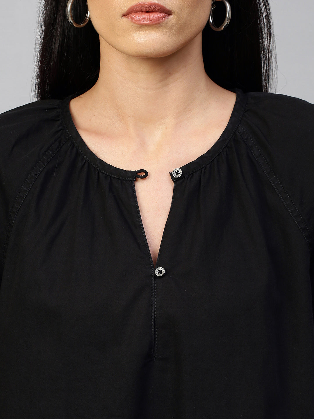 Black Light Weight Denim Raglan Top With Contrast Embriodered Sleeves