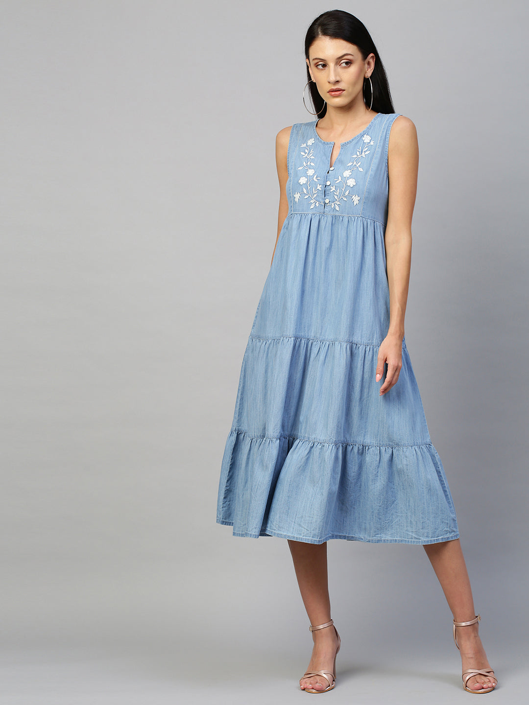 Light Weight Denim Tiered Dress With Embroidered Yoke