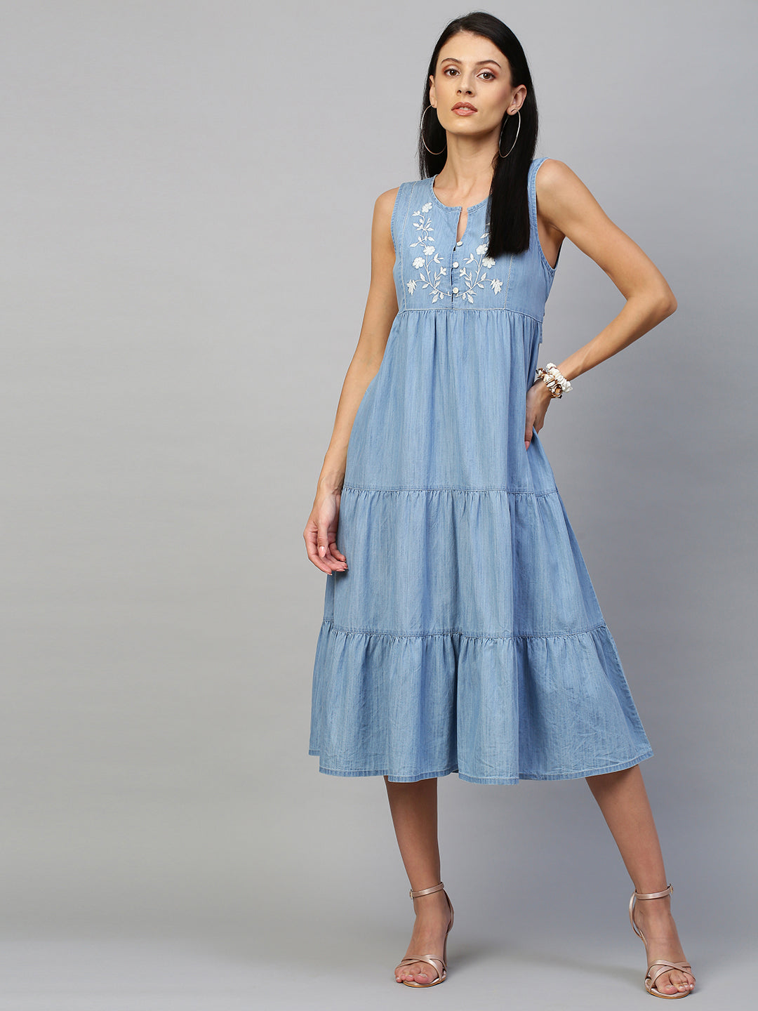 Light Weight Denim Tiered Dress With Embroidered Yoke