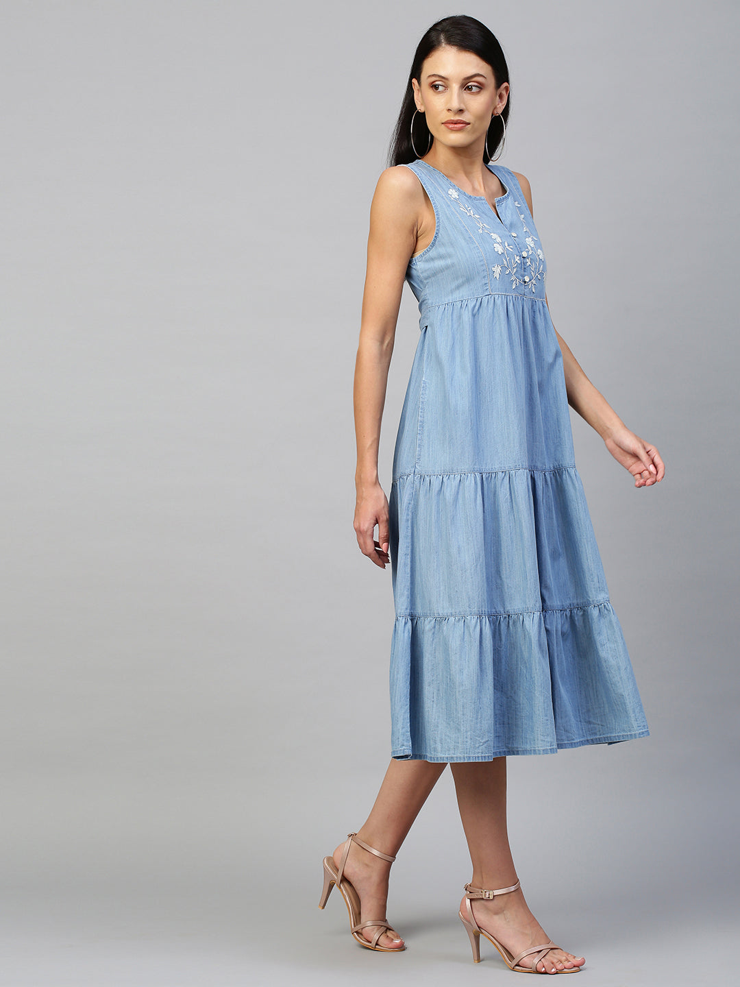 Light Weight Denim Tiered Dress With Embroidered Yoke