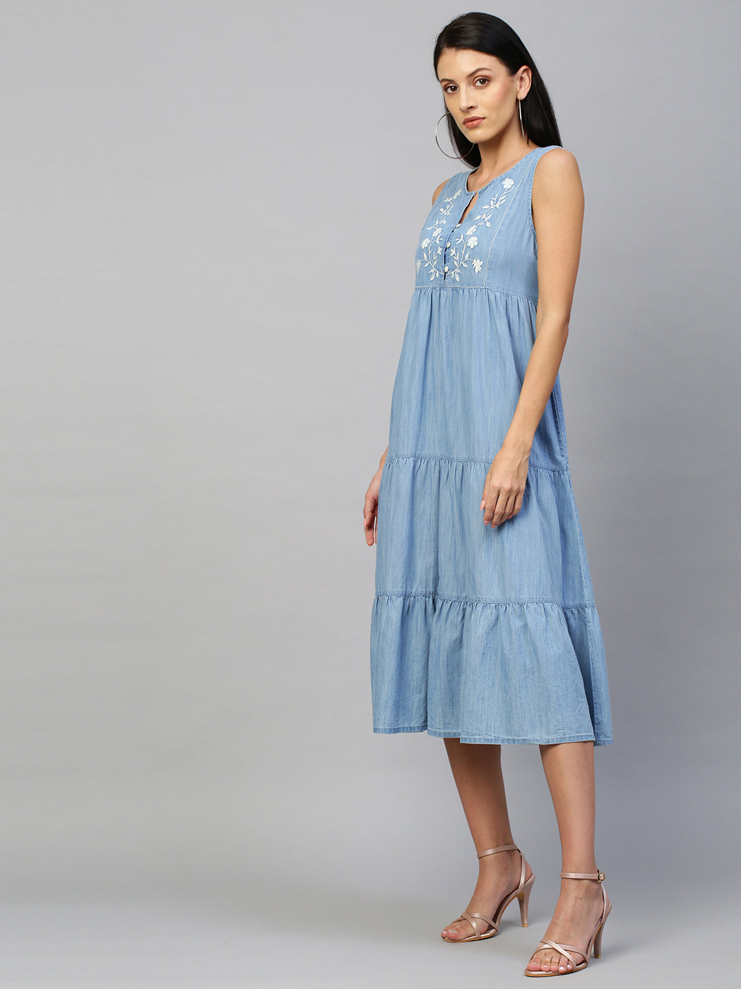 Light Weight Denim Tiered Dress With Embroidered Yoke
