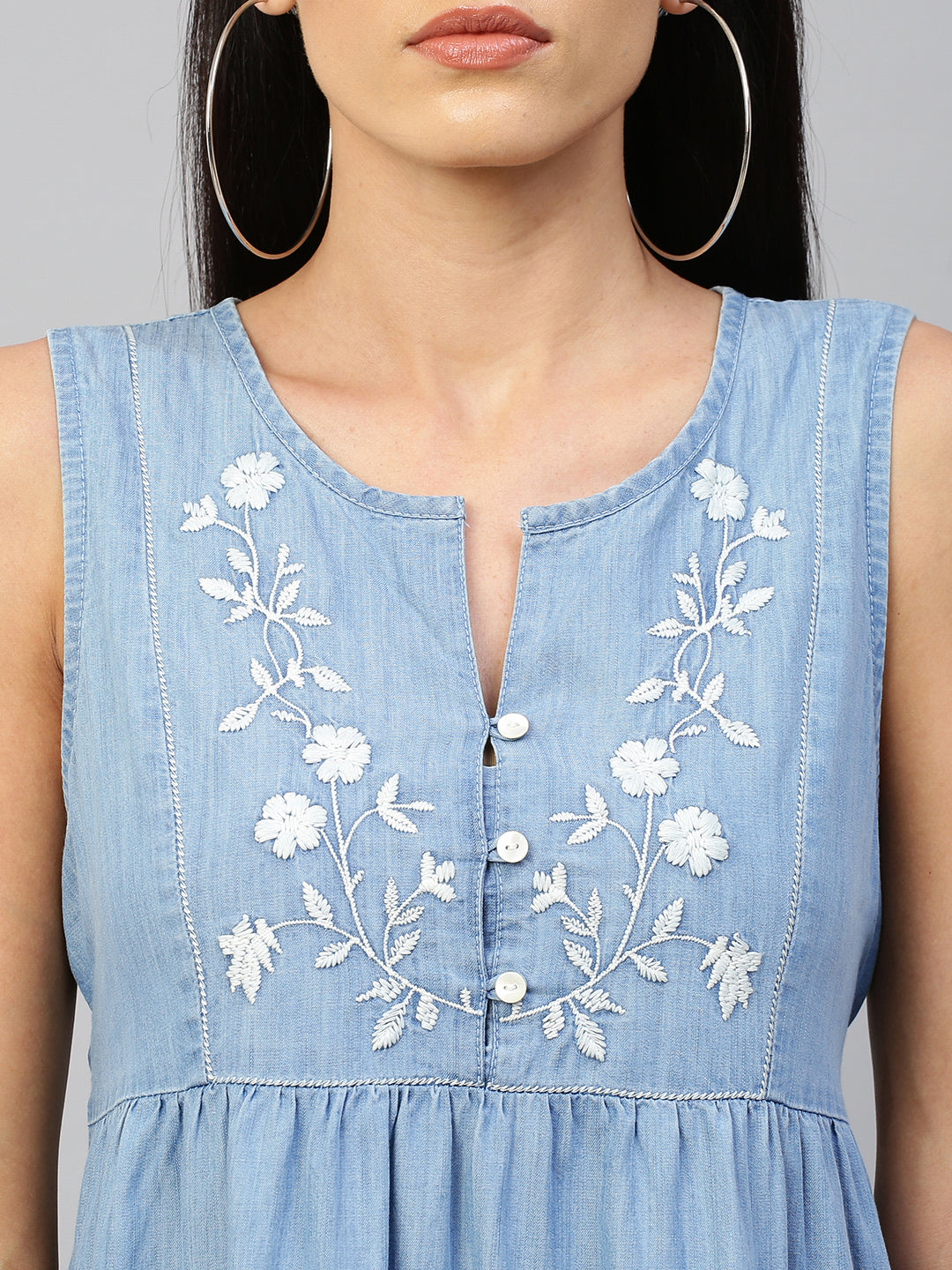 Light Weight Denim Tiered Dress With Embroidered Yoke