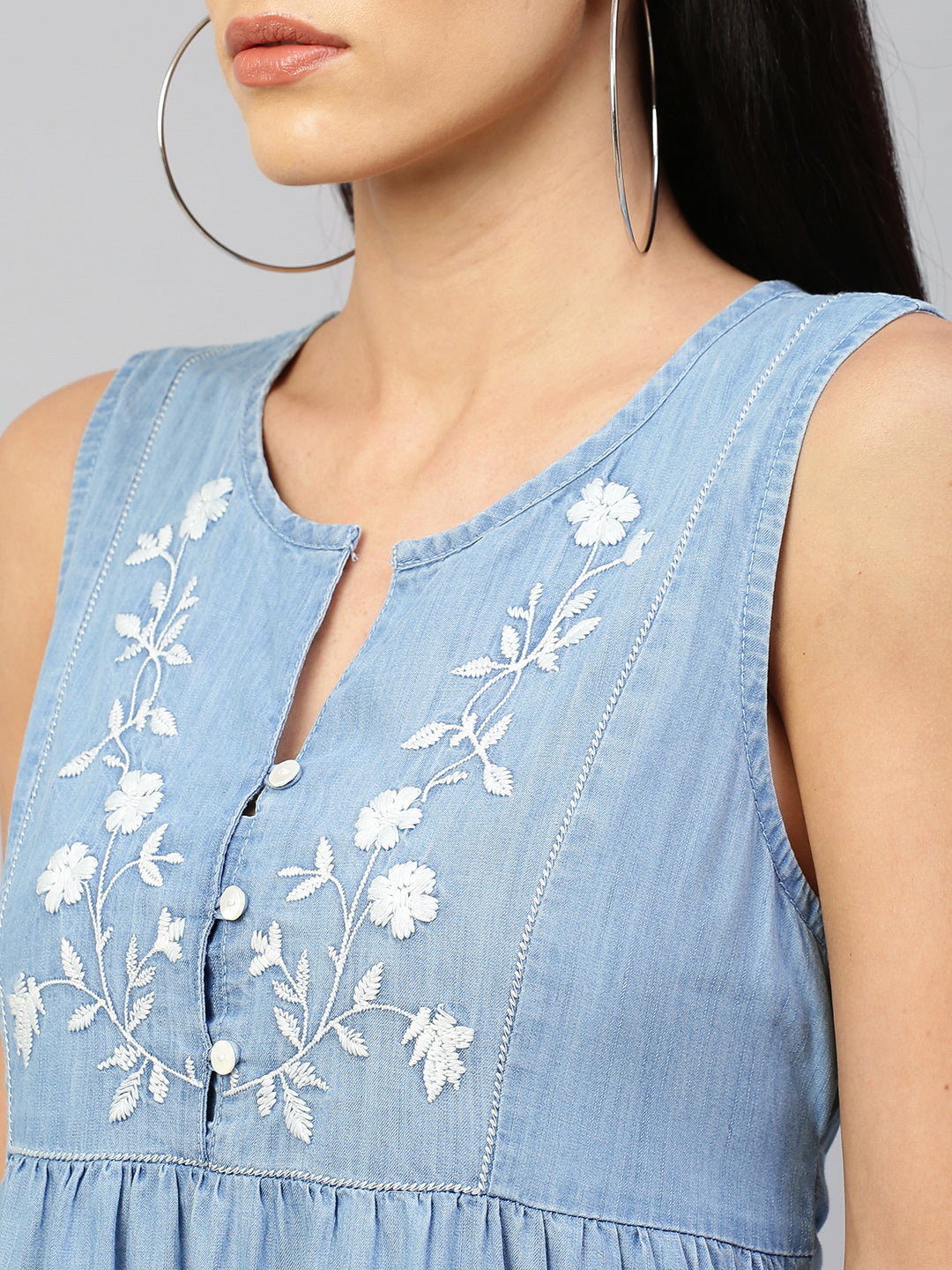 Light Weight Denim Tiered Dress With Embroidered Yoke