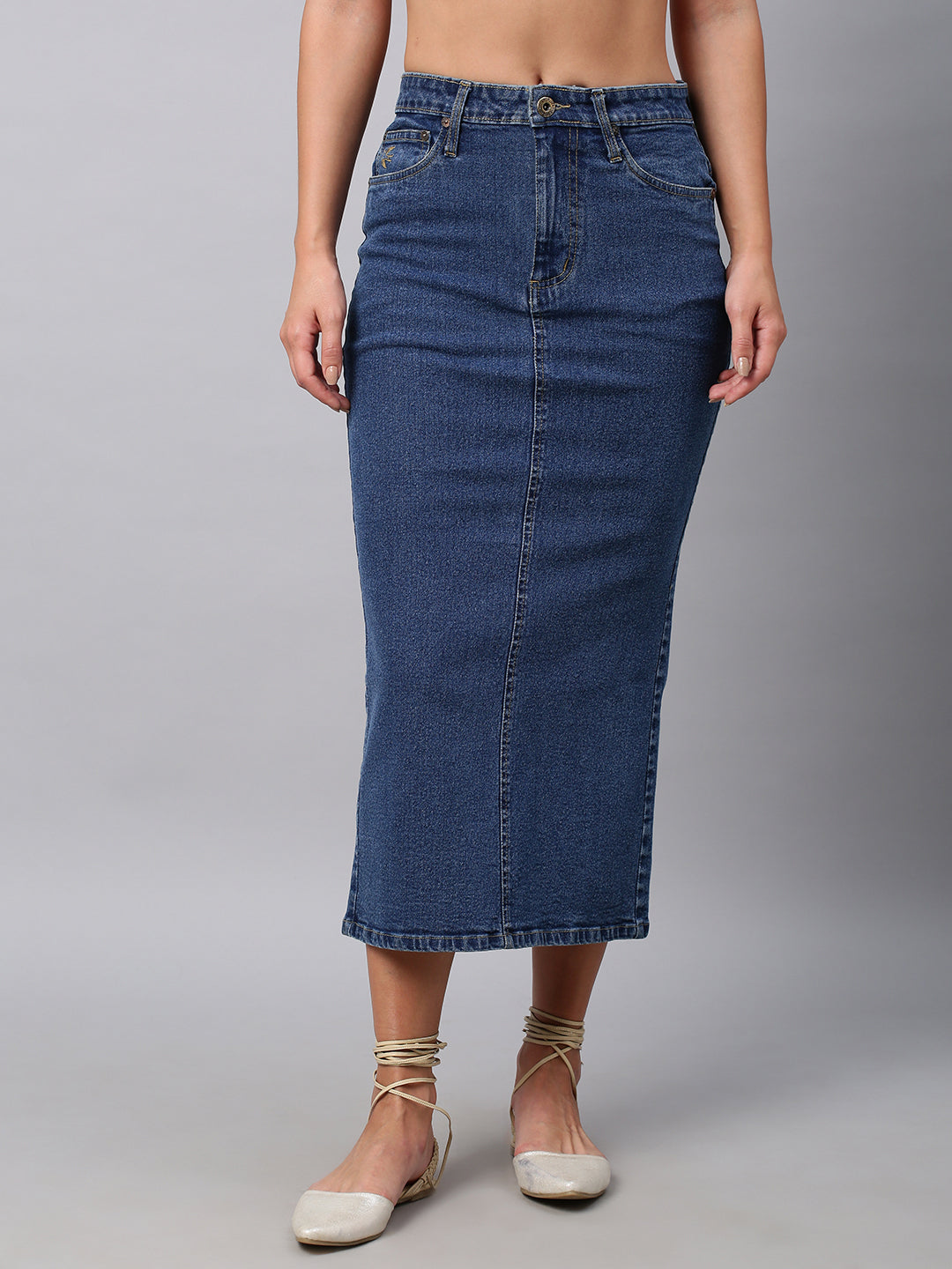 Medium Wash 5 Pocket Denim Pencil Skirt