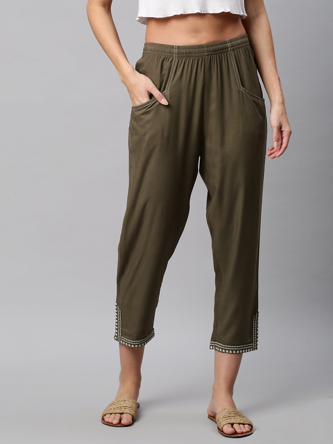 Rayon Twill Trouser With Contrast Embroidery