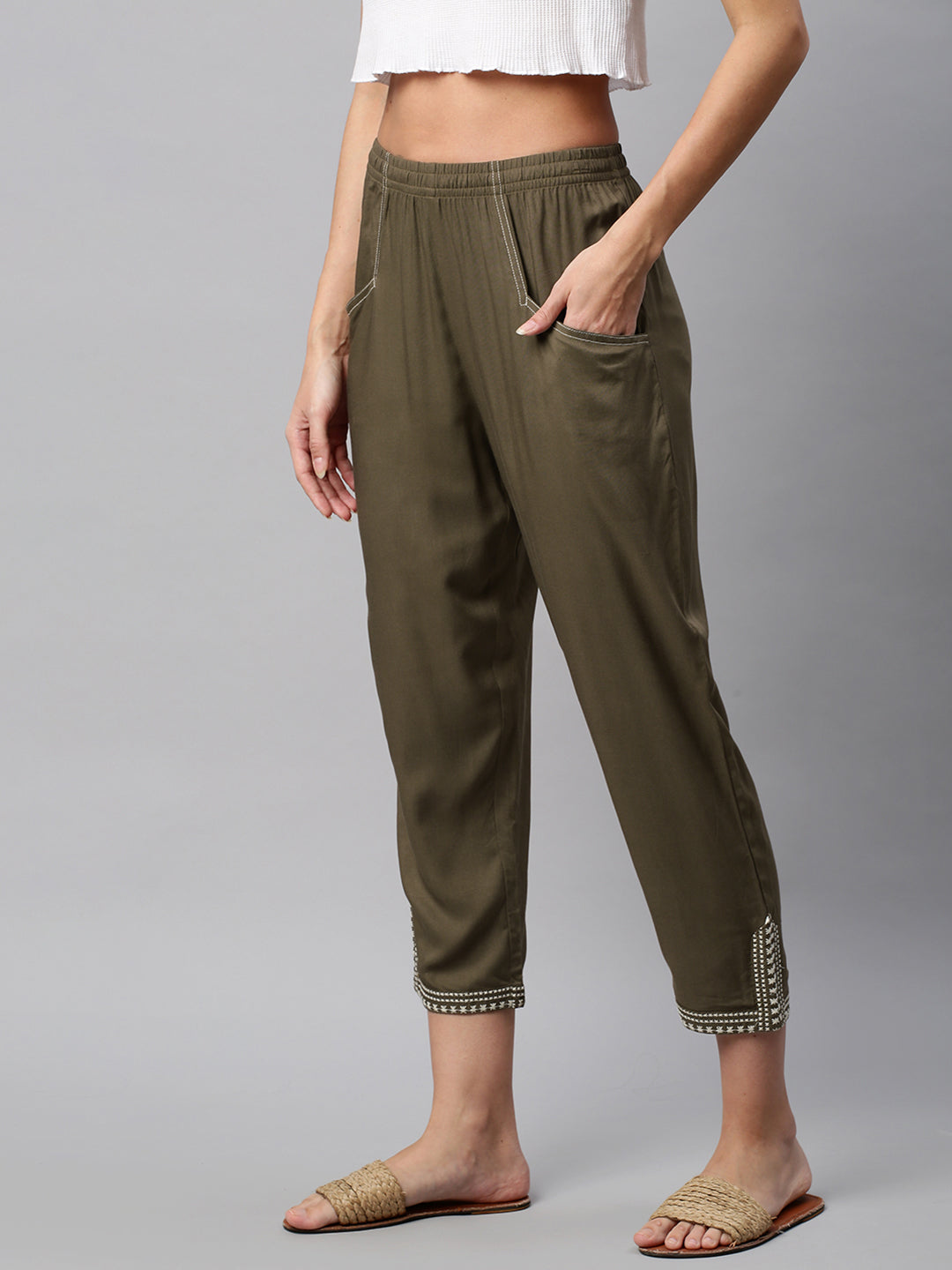 Rayon Twill Trouser With Contrast Embroidery