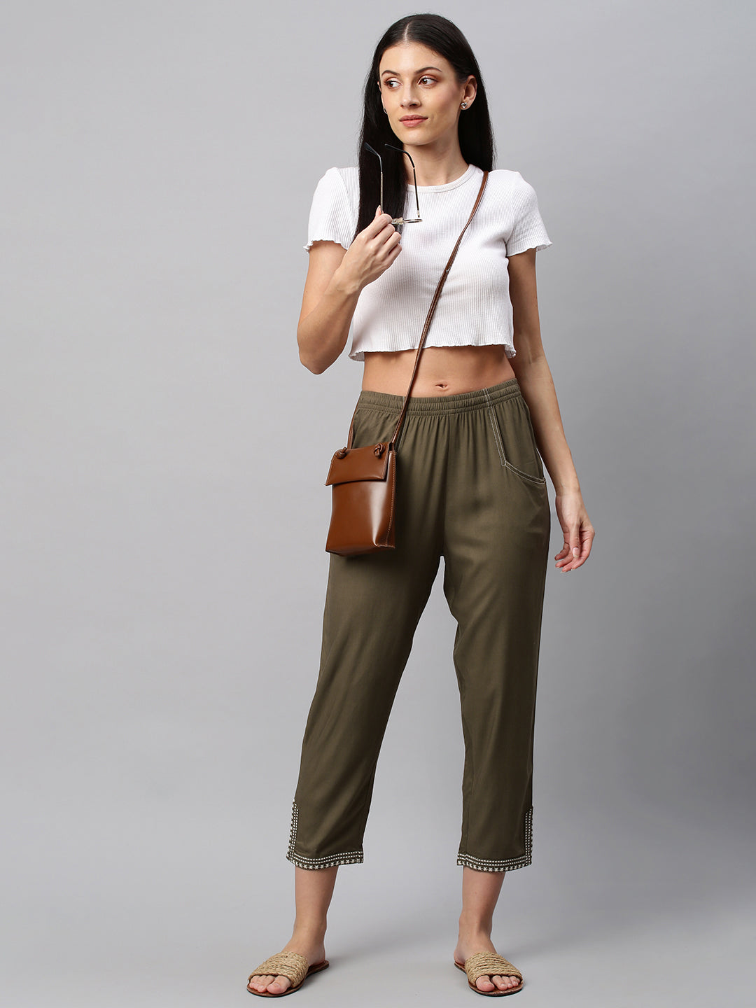 Rayon Twill Trouser With Contrast Embroidery