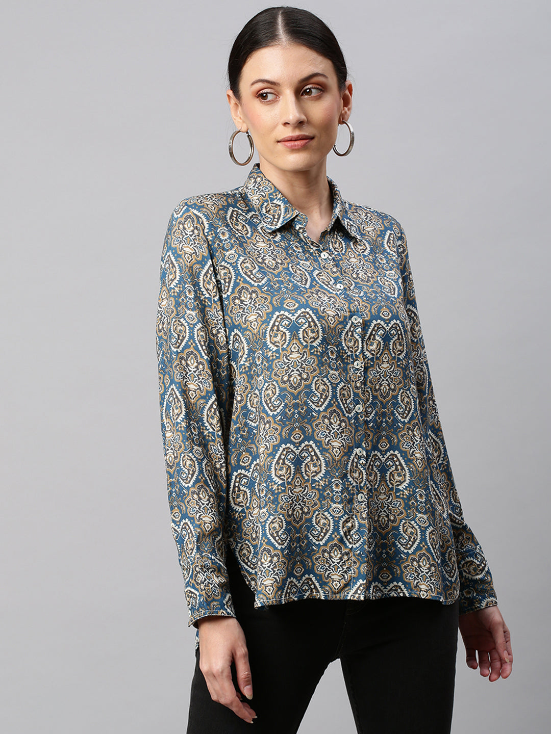Printed Rayon Fluid Shirt With A High Low Hemline
