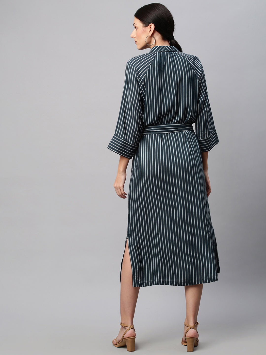 Printed Stripe Rayon Embroidered Raglan Sleeve Shirt Dress