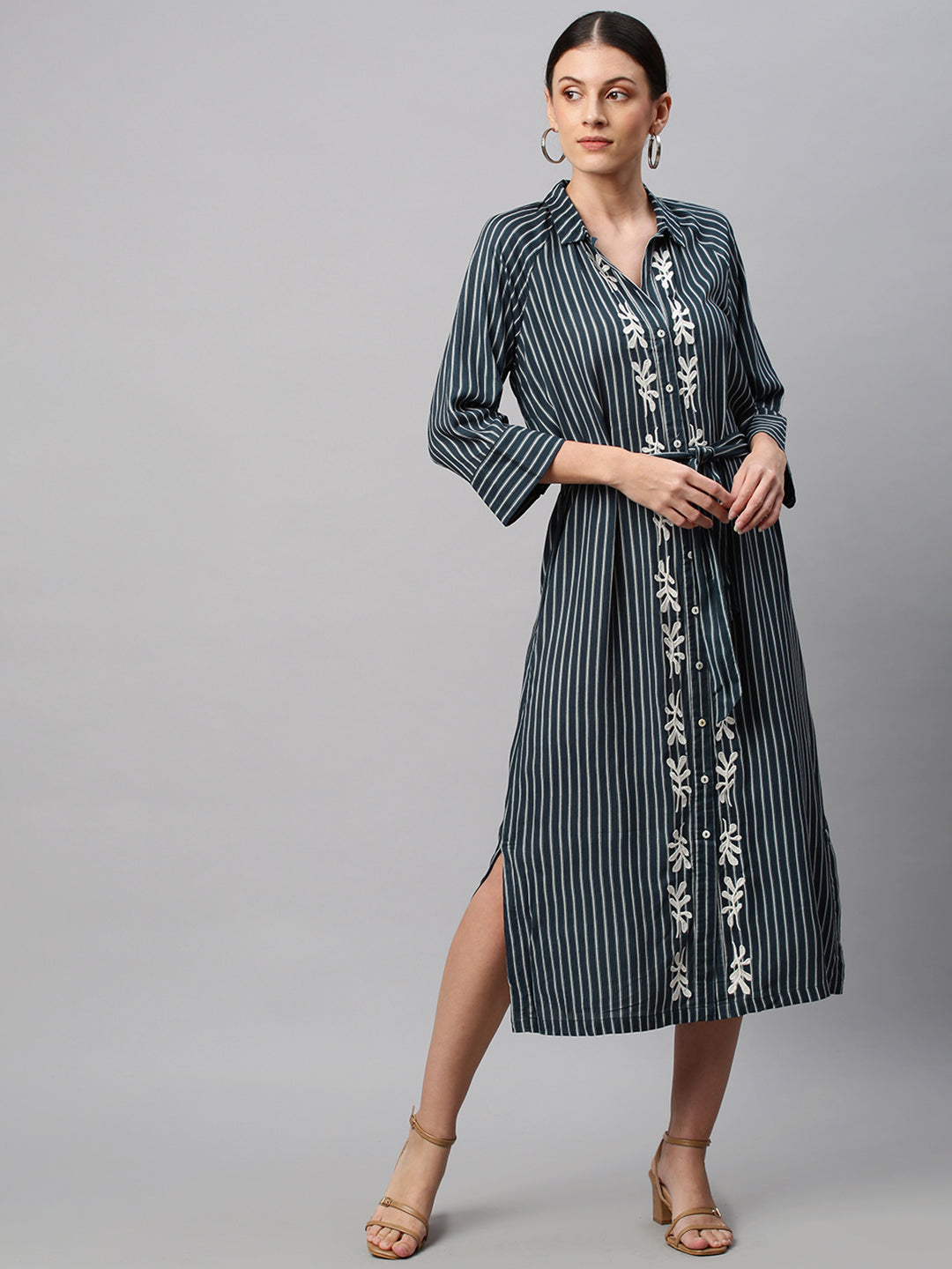 Printed Stripe Rayon Embroidered Raglan Sleeve Shirt Dress